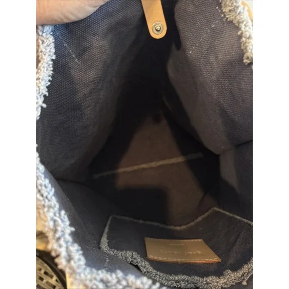 Graf Lantz Hana Canvas Boat Bag Tote Blue Fringe Edge 14x14" Leather Handles - Picture 9 of 9